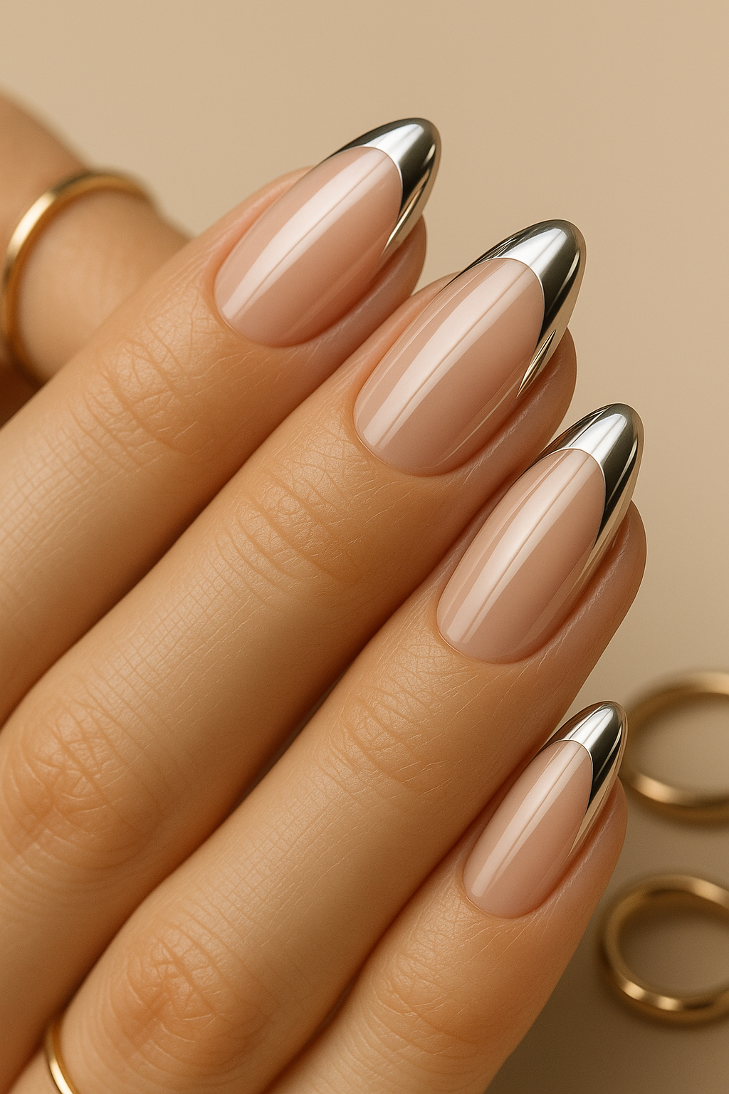 Chrome micro-French on sheer nude base, oval nails