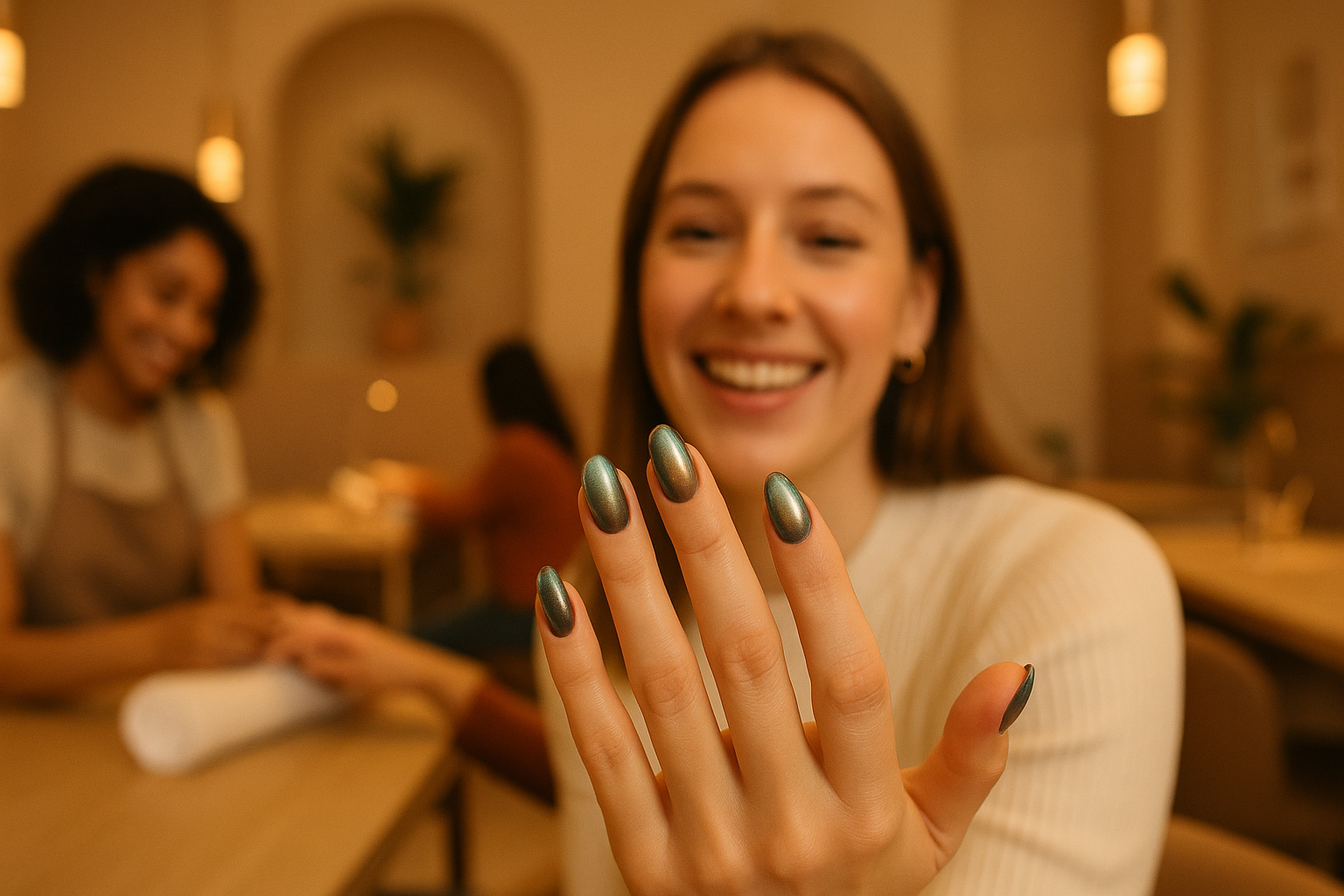 Modern nail salon lifestyle shot with newly finished nails