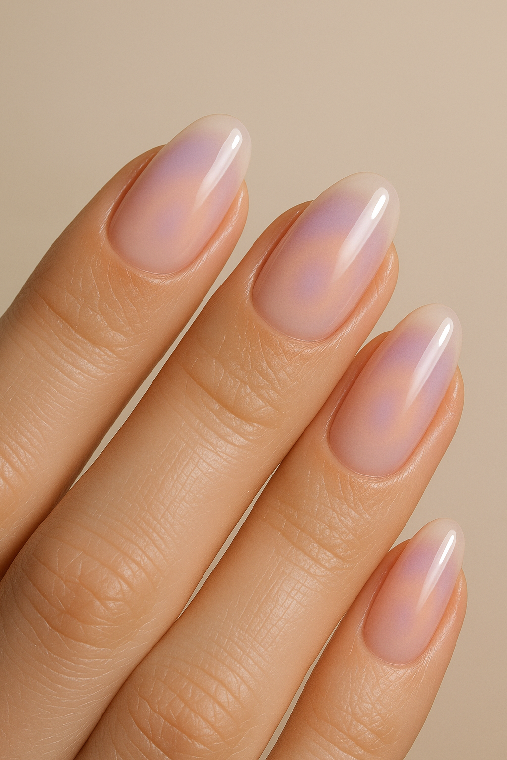 Soft aura nails with lilac/peach glow over milky base