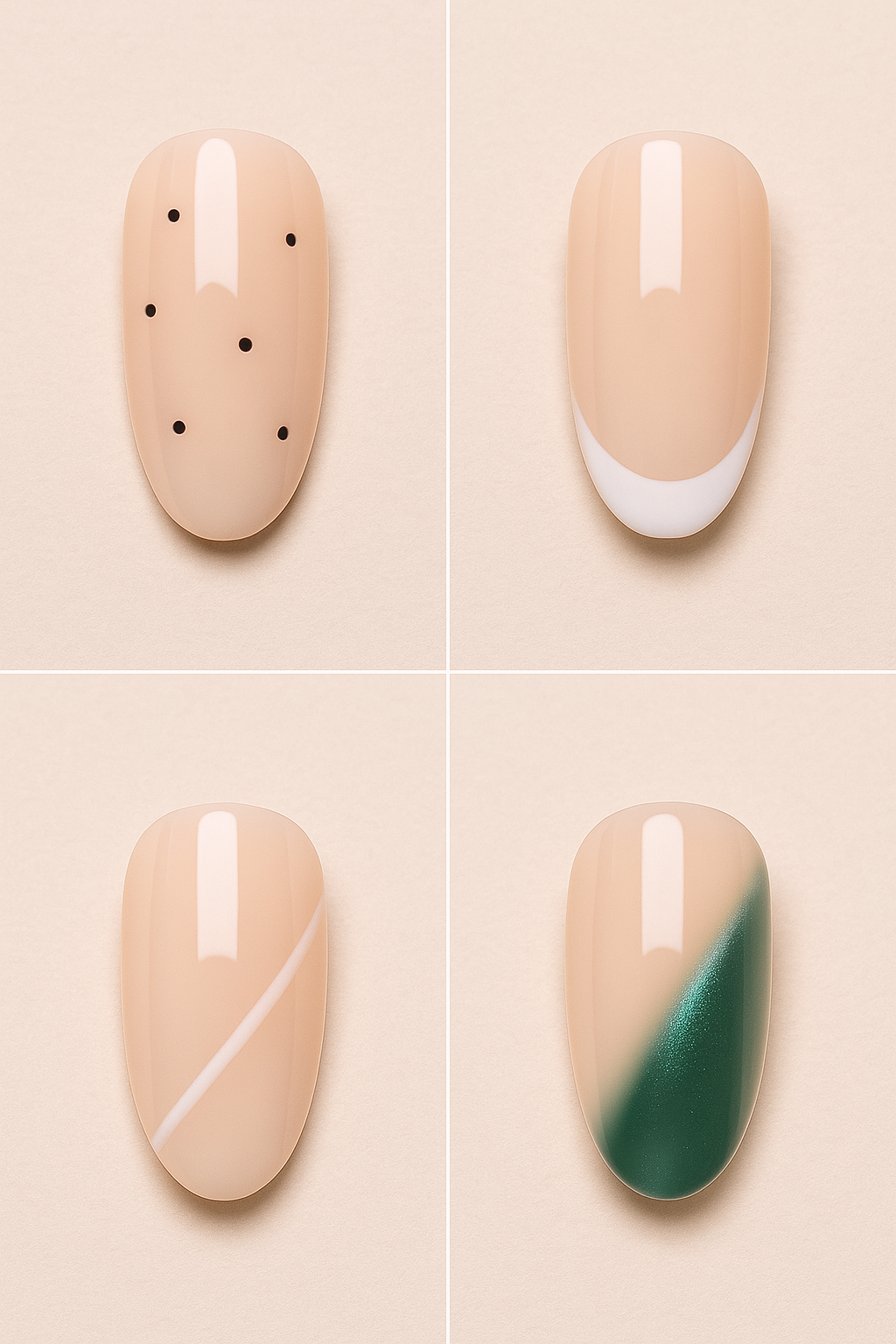 Beginner nail art collage: dots, micro-French, minimal lines, cat-eye (4:5)