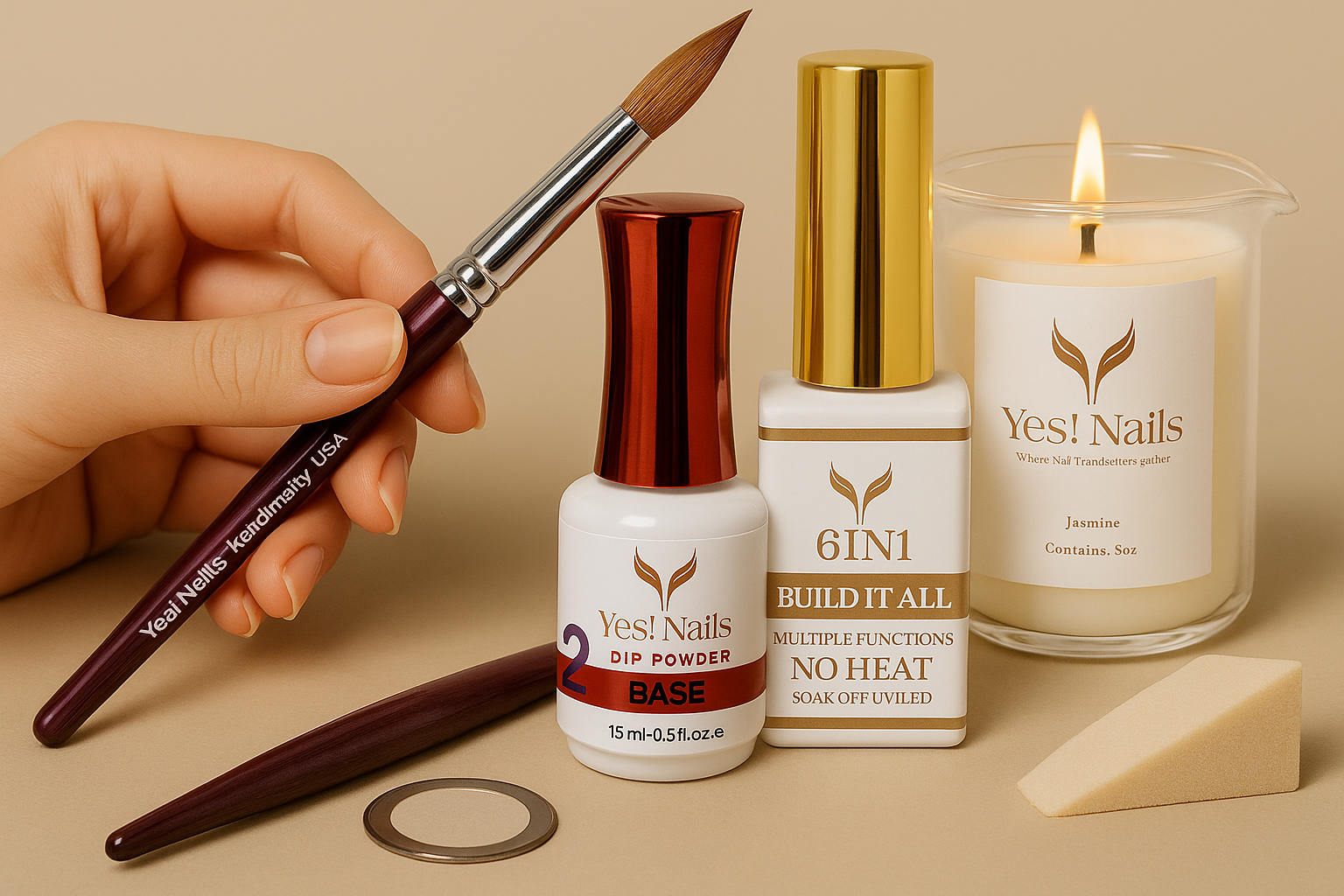 Nail art for beginners hero banner: tools and gels in warm neutral setup (16:9)