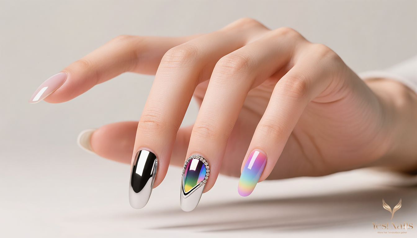 Nail Trends 2025 hero cover: chrome, cat-eye, aura, nude pastel