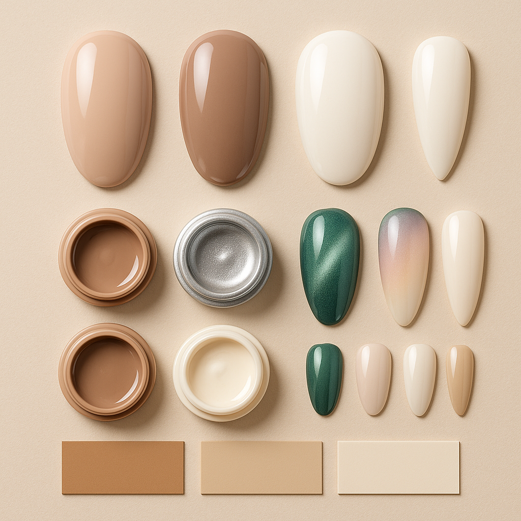 2025 nail color moodboard: nude pastel, chrome, cat-eye emerald, aura lilac